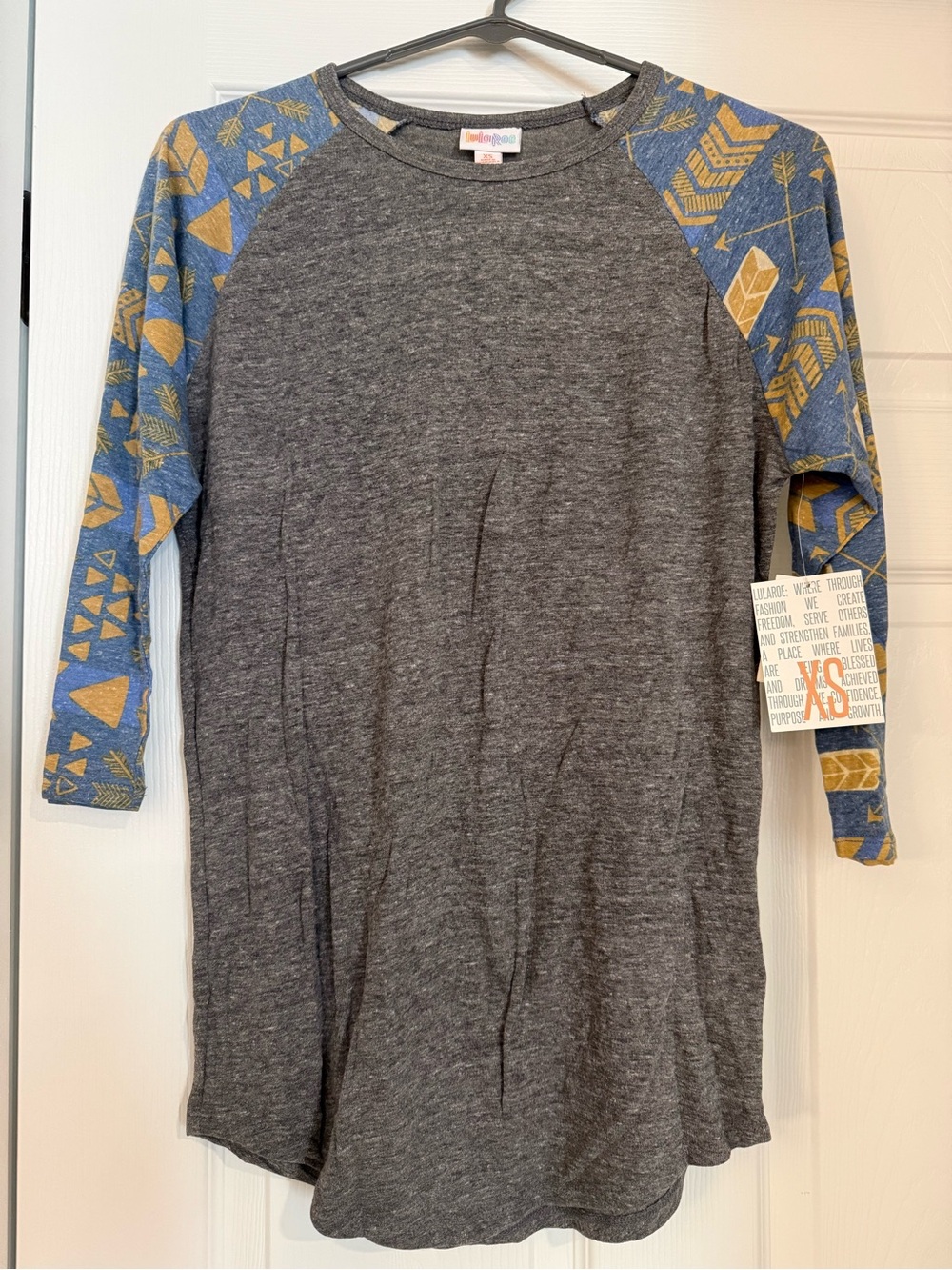 Lularoe Randy Raglan Shirt with Patterned Sleeves - Gray and Blue